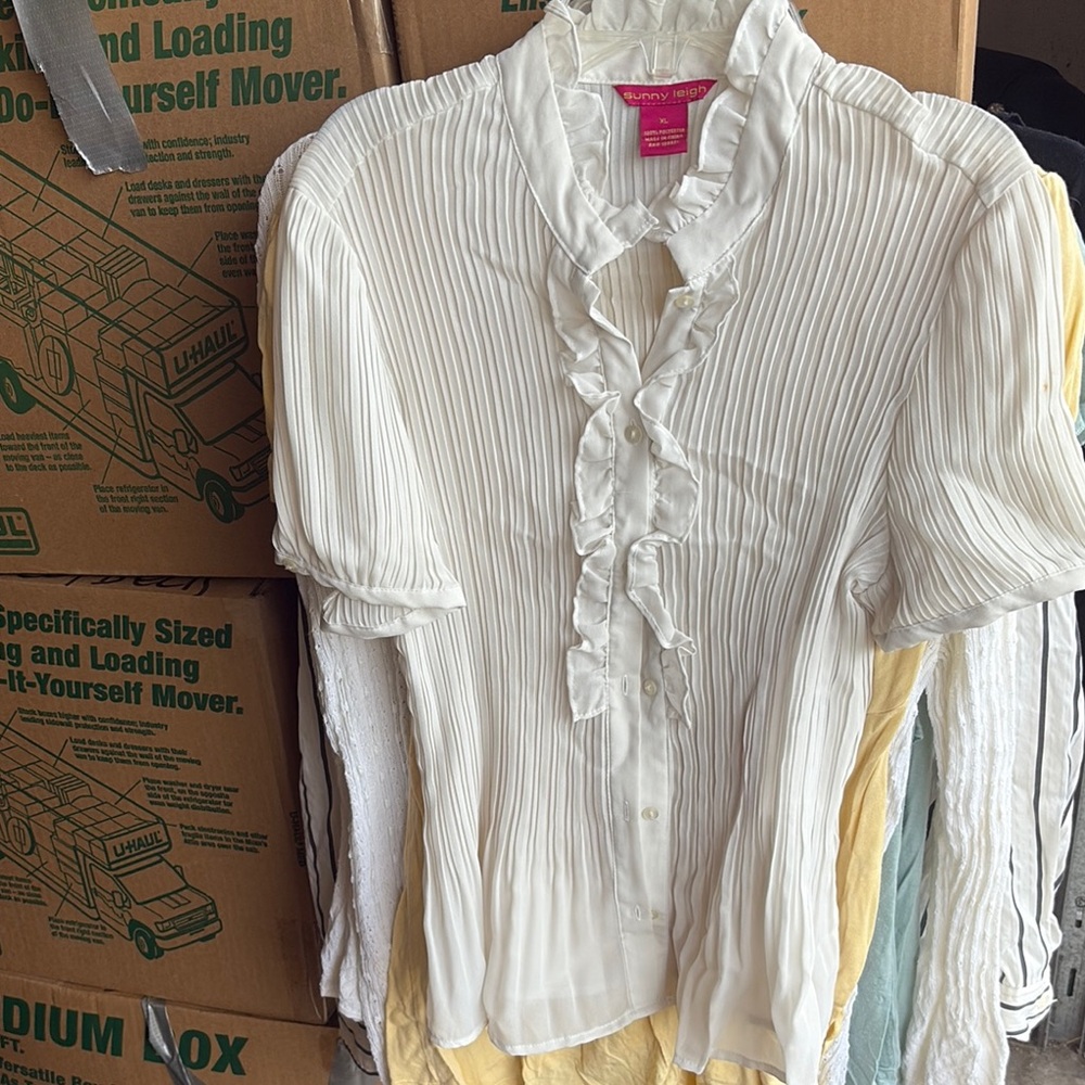 Sunny Leigh White Puff Sleeve Blouse with Ruffled Mandarin Collar